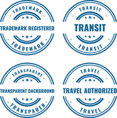 Obraz premium Selection of four blue circular rubber stamps featuring trademark transit and travel authorization text for businesses