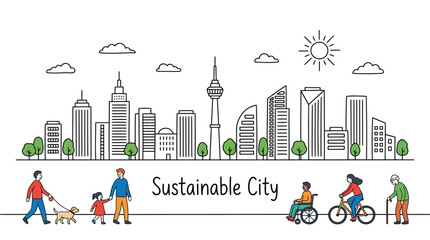 Fototapeta premium Modern urban cityscape illustration featuring diverse people walking cycling and using wheelchairs within a clean eco friendly environment displayed as a simple line drawing on white background