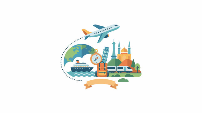 Colorful travel graphic with plane globe landmarks and transportation
