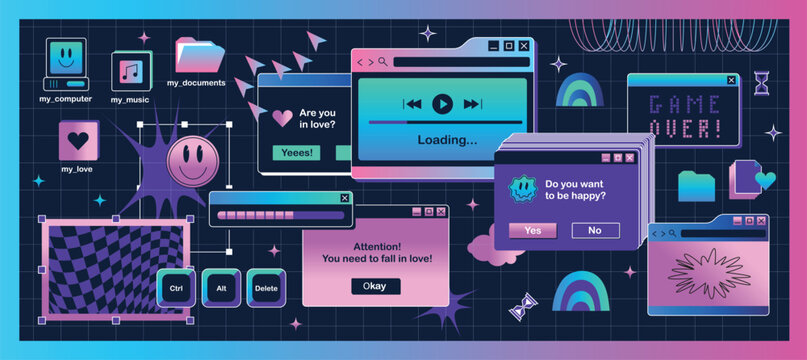 Retro 90s computer interface vector banner with vaporwave gradient user interface elements, y2k popups, computer windows, loading bar, desktop folders and system alerts on grid background.