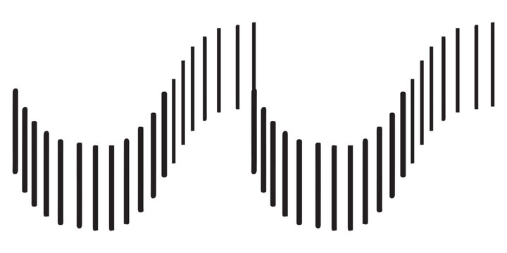Abstract graphic design featuring vertical black lines arranged in a repeating wave pattern on a white background.
