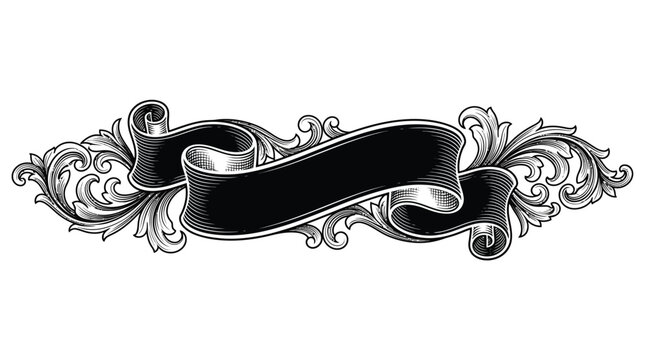 Detailed vintage style scroll banner featuring intricate swirling floral flourishes and decorative ornate patterns rendered in a classic black and white engraving style on white background