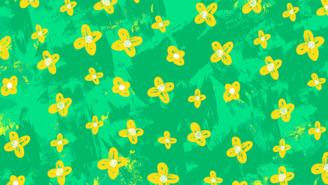 hand drawn yellow floral seamless pattern on green brush strokes background
