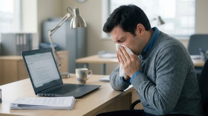 Fototapeta premium Man With Flu Sneezing Into Tissue While Working At Office Desk