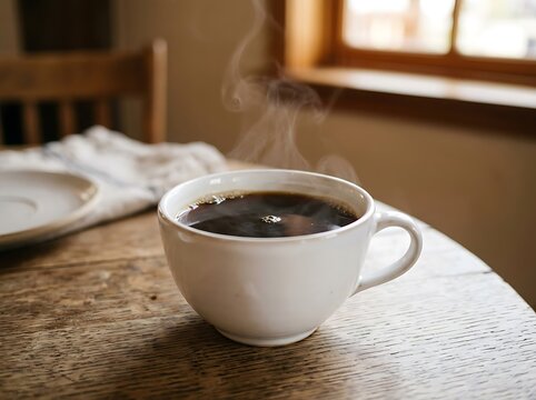 Coffee cup on wooden table with steam.