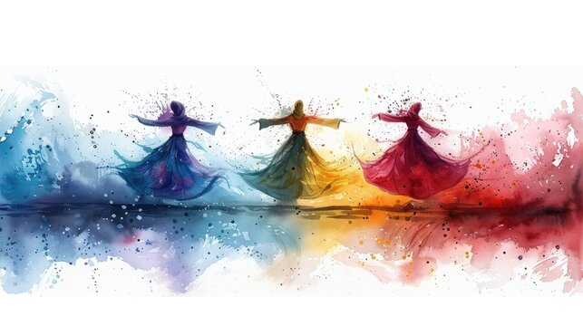 Whirling Dervishes Near Historic Mosque Watercolor