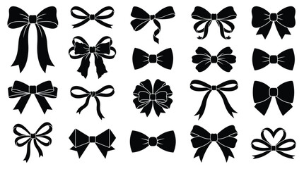 Fototapeta premium Decorative black ribbon bow collection featuring various elegant gift wrapping knot styles for holidays and festive celebrations presented as a graphic design set on white background