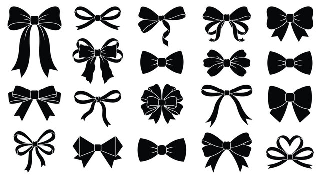 Decorative black ribbon bow collection featuring various elegant gift wrapping knot styles for holidays and festive celebrations presented as a graphic design set on white background