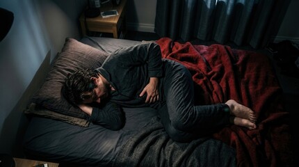 Fototapeta premium Man Suffering From Insomnia And Stomach Pain At Night