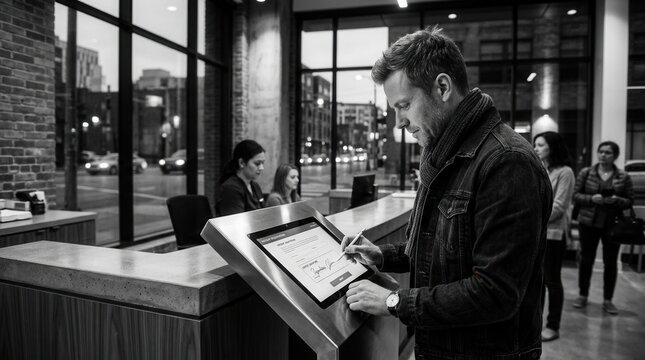 Man Using Digital Kiosk For Check In And Signatures