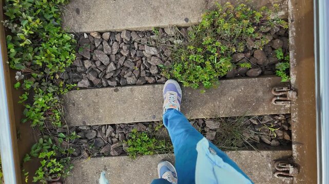 Pov of a person walking on old railway tracks, stepping carefully on the concrete ties surrounded by gravel and grass, representing a journey, travel, or exploration in an industrial setting