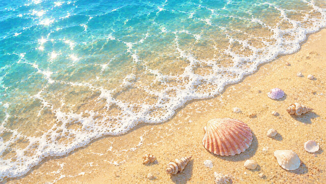 Anime Style Tropical Beach with Seashells, Crystal Clear Ocean Waves and Golden Sand