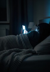 Fototapeta premium Young Woman Using Smartphone in Bed at Night with Bright Screen Light Illuminating Face and Hands in Dark Bedroom