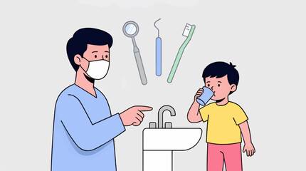 Obraz premium Flat Vector Illustration of Dentist Guiding Child Character Rinsing Mouth at Sink, Dental Tools Overhead, Clean Design with Copy Space