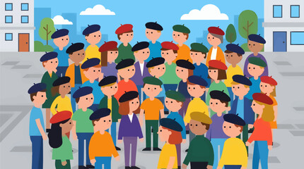 Flat Vector Illustration of Diverse Crowd Wearing Berets in City Square, Simple Cartoon Characters with Colorful Outfits and Various Skin Tones, Bright Daylight Scene with Buildings and Trees © moh