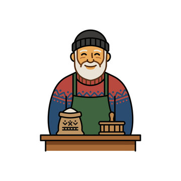 Smiling old man with apron.