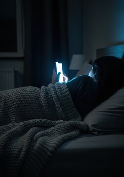 Young Woman Using Smartphone in Bed at Night with Bright Screen Light Illuminating Face and Hands in Dark Bedroom