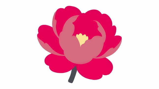Flat Vector Illustration of a Single Minimalist Pink Peony Flower with a Short Stem and Yellow Center, Isolated on White Background, Clean Graphic Design