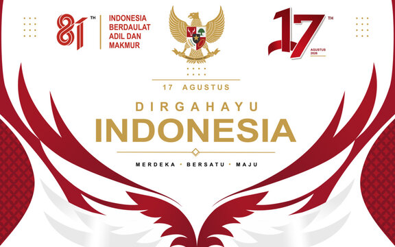 Modern Indonesia 81st Independence Day banner featuring Garuda wings, national emblem, red and white elements, and elegant typography for August 17 celebrations, patriotic campaigns.