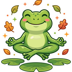 Naklejka premium A smiling green frog practices yoga surrounded by autumn leaves and sparkles in a serene outdoor setting with water lilies.