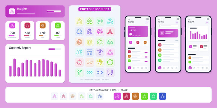 line and filled icon vector Mobile app insights screen with key performance indicators and quarterly report graph alongside editable icon set for user statistics and engagement metrics.