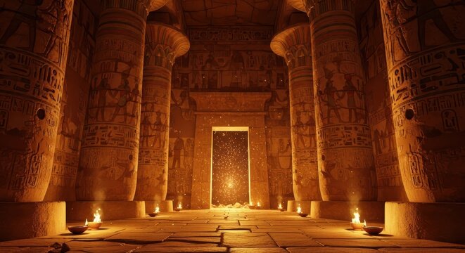 Mysterious Ancient Egyptian Temple Hall with Hieroglyphic Columns and Glowing Light Portal