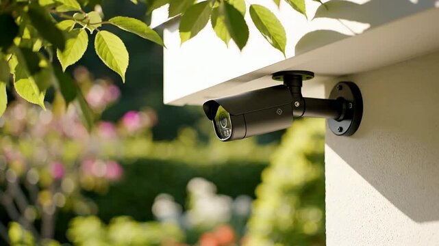 Low-Angle View of a Generic Unbranded Black Security Camera Mounted Under Eaves of a House with Blurred Garden Background
