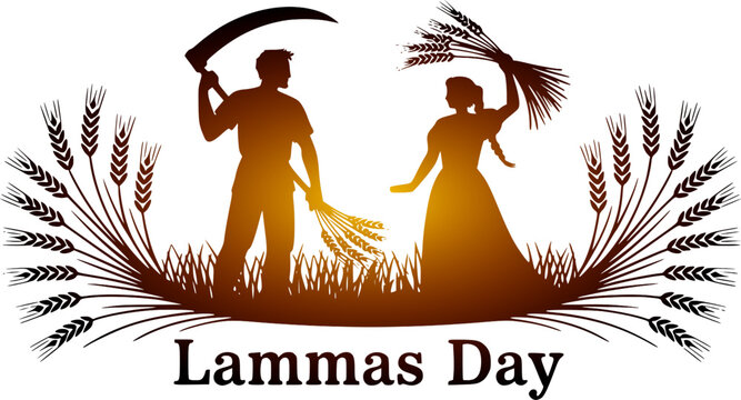 Lammas Day harvest celebration banner featuring silhouettes of a man with a scythe and a woman holding a wheat sheaf with decorative wheat stalks on a white background.