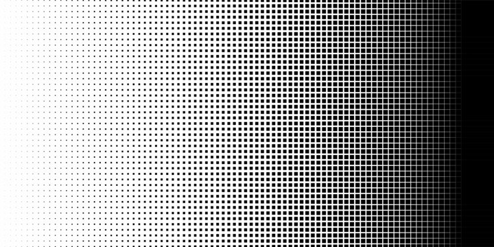 Halftone pixelated gradient background. Faded square particles texture. Dissolving grunge noise wallpaper. Black dots, speckles, pixels, specks wallpaper. Horizontal gritty vector