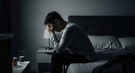 Fototapeta premium Man Sitting On Bed With Head In Hands In Dark Room