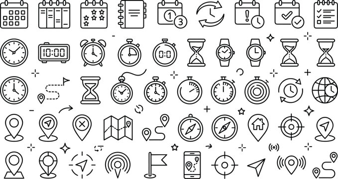 Time and location vector line icon set featuring calendars clocks stopwatches hourglasses and map pin symbols