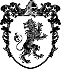 Fototapeta premium A lion coat of arms or crest family heraldry medieval heraldic knight shield with helmet and acanthus filigree scroll ornament in a vintage woodcut style.
