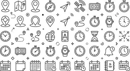 Navigation and time management vector line icon set featuring GPS map pins compasses calendars and clocks © MD