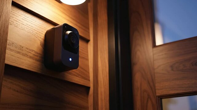 Static Shot of a Sleek Unbranded Smart Doorbell and Security Camera Mounted on a Modern Wooden Wall