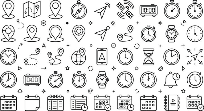 Navigation and time management vector line icon set featuring GPS map pins compasses calendars and clocks