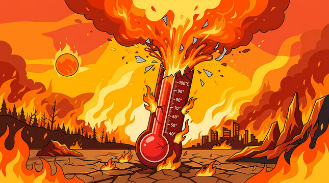 Extreme Heat Wave Illustration Featuring a Bursting Thermometer and Scorched Earth for Climate Change Concept