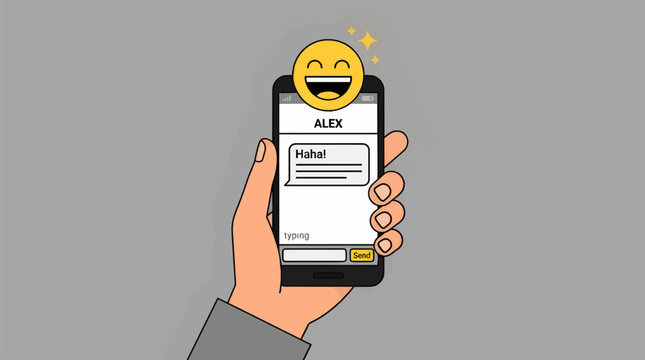 Flat Vector Illustration of a Hand Holding a Smartphone with a Laughing Emoji Chat Bubble Above, Showing a Text Message Conversation with "Haha!" and "typing" Status