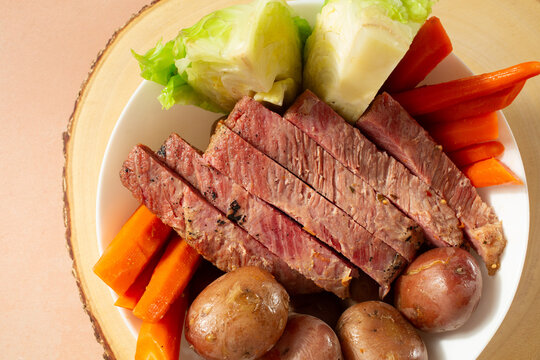 A top down view of a bowl of Irish corned beef.