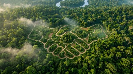 Obraz premium Lush green forest forms a powerful handshake, symbolizing global environmental partnership, sustainability, and harmonious coexistence between humanity and nature