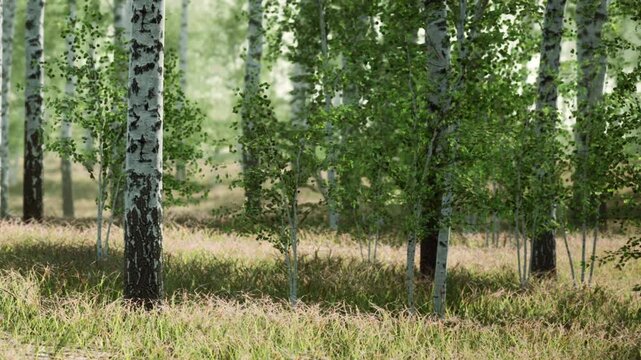 A group of tall birch trees stands in a forest. The ground is covered with green grass and some small plants. Sunlight filters through the leaves, creating a bright setting.