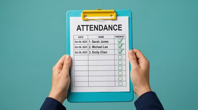 Attendance sheet on blue clipboard held by hands, student check-in list for school or office, tracking participation on paper document