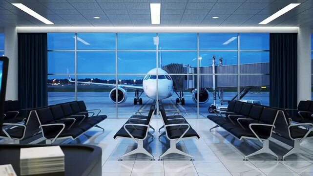 Wide Shot Of An Empty Airport Boarding Gate Lounge During Blue Hour Featuring Modern Seating And A View Of An Airplane