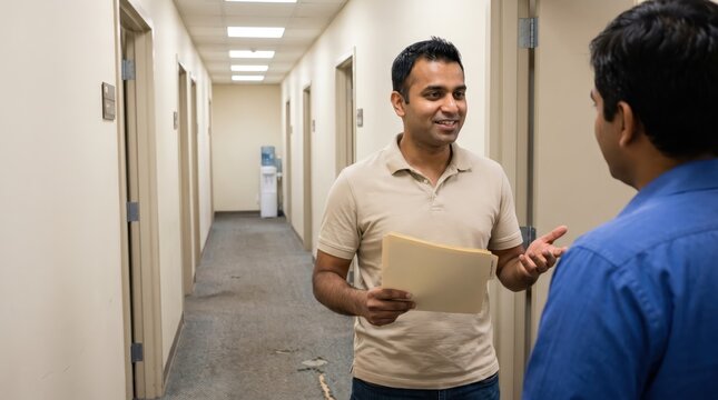 Generative AI, South Asian coworkers talking with documents in office corridor