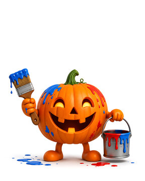 Halloween Painter Pumpkin with Brush and Paint Bucket