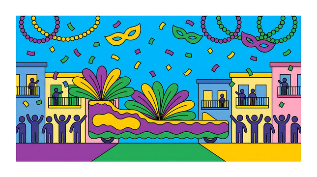Colorful carnival parade float moving through city streets in festive style