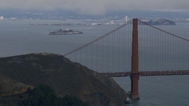 Panning Shot Over San Francisco Golden Gate Bridge With Storm Overhead