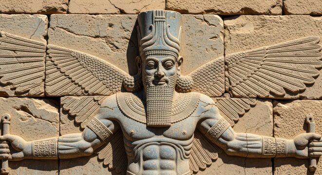 Ancient Mesopotamian Winged Deity Stone Relief Carving - Assyrian Babylonian Persian Mythology Sculpture