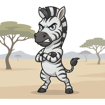 A cartoon zebra stands defiantly in savannah with trees and mountains.