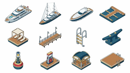 Colorful Isometric Vector Collection of Boats and Maritime Objects. © Kota