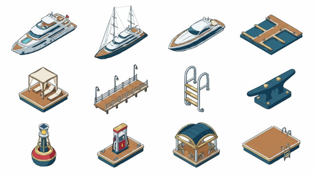 Colorful Isometric Vector Collection of Boats and Maritime Objects.